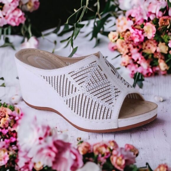 Italina White Rhinestone Embellished Cut Out Platform Wedge Heeled Sandal - Picture 2 of 6